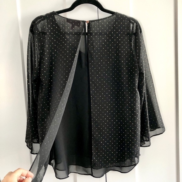 Jennifer Lopez, Layered, Chiffon, Blouse, 3/4 Sleeves, Black, Gold Dots, Size S - Picture 4 of 12
